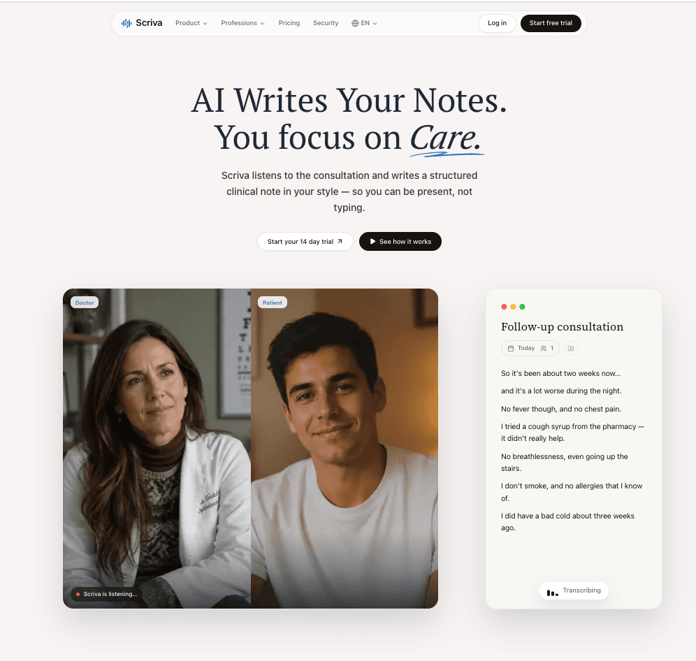 Scriva marketing site, showing the AI medical scribe landing page